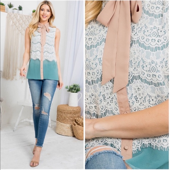 RYU Mint Beige Button Down Sleeveless Victorian Lace Top - Picture 4 of 8